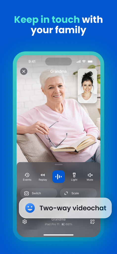 Zwei-Wege-Videochat-Funktion in der Camerito-Sicherheits-App, um mit der Familie in Kontakt zu bleiben.