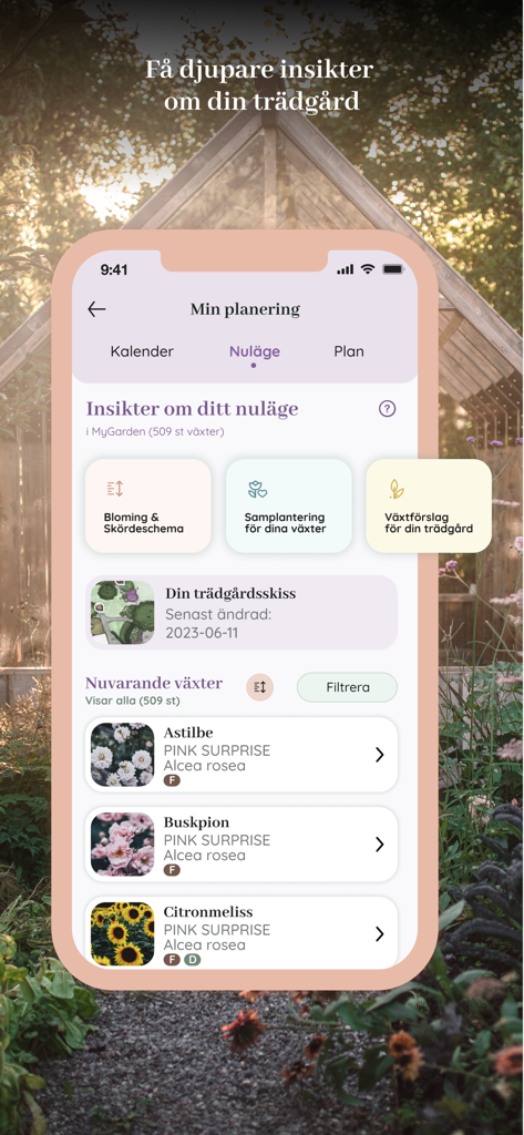 Eine mobile App-Oberfläche für Oh Garden, die Einblicke in die Gartenplanung und aktuelle Pflanzenlisten anzeigt.