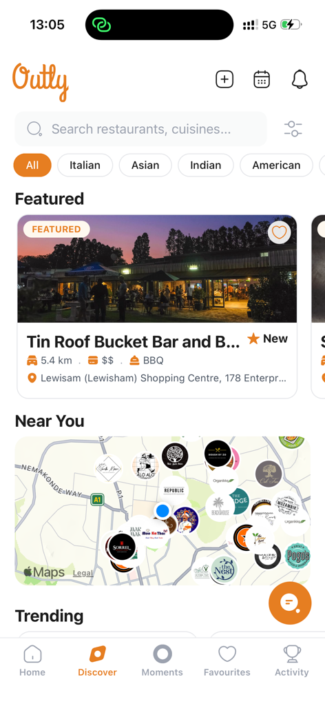 Outly - Outly mobile app discover screen showing restaurant recommendations and an interactive map of nearby dining spots.