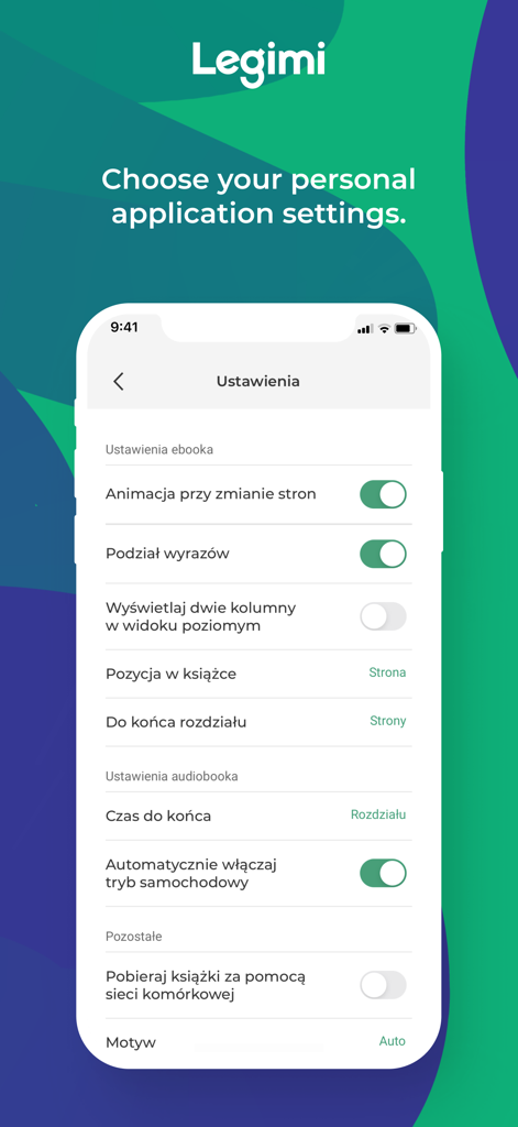Legimi-App-Oberfläche, die personalisierte Einstellungen für die Anzeige von E-Books und die Anpassung der Hörbuchwiedergabe zeigt.