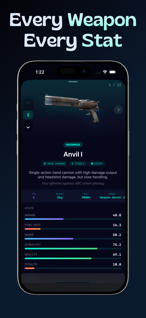 Raiders Map & Live Events - ARC Raiders weapon database showing stats for the Anvil I hand cannon