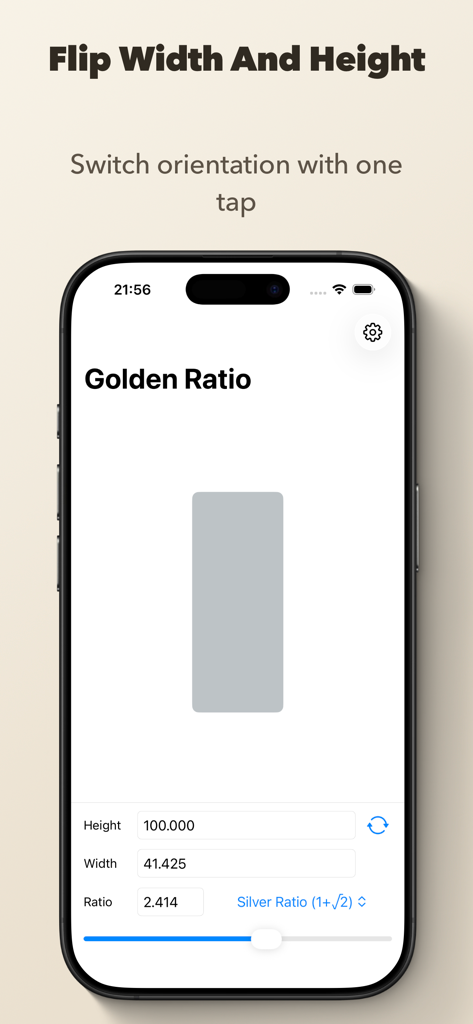 Golden Ratio Calculator++ - User interface of Golden Ratio Calculator++ app showing the orientation flip feature for design proportions