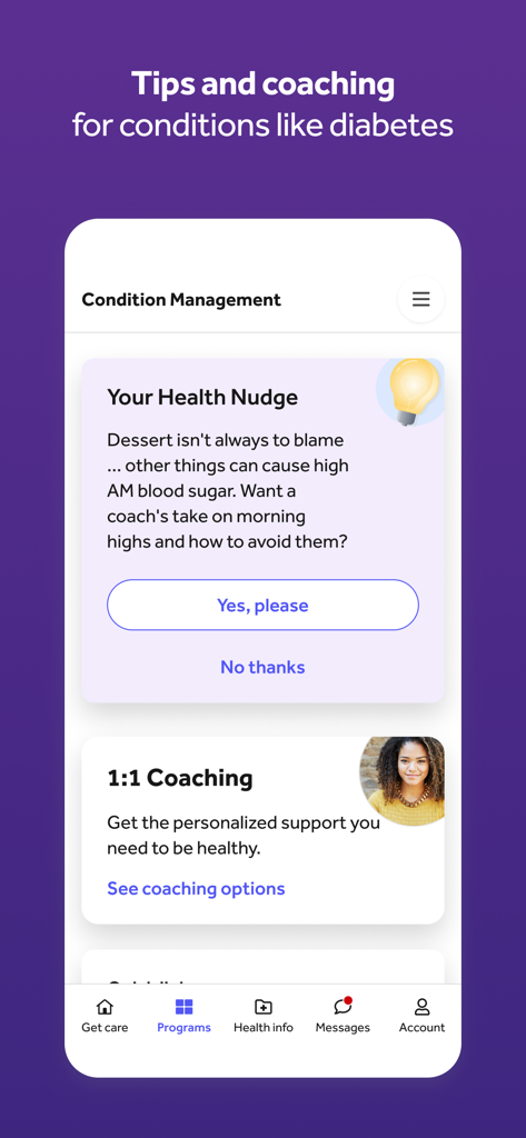 Teladoc Health app interface showing condition management with health nudges and 1:1 personalized coaching