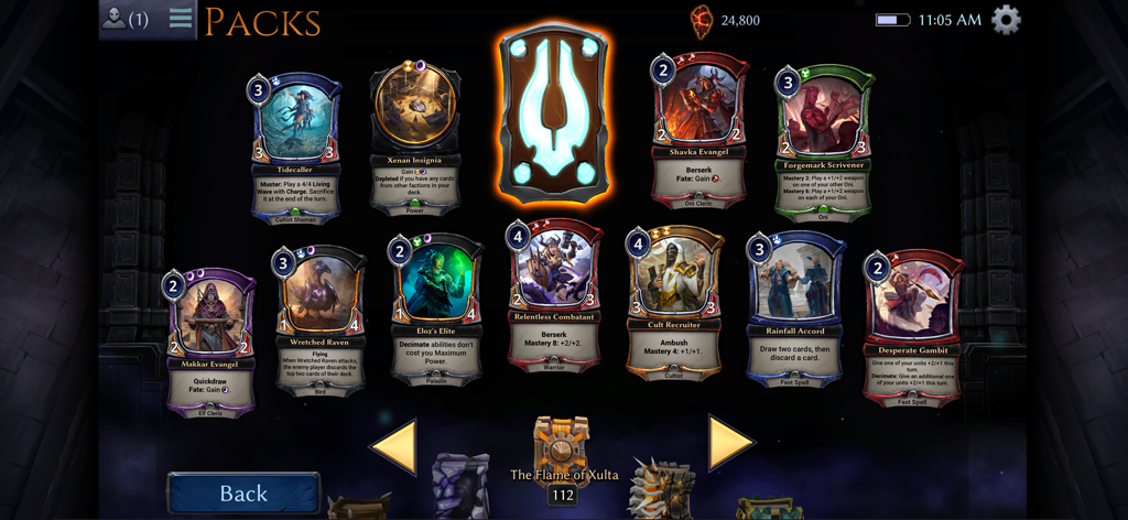 A collection of fantasy and steampunk cards from the Flame of Xulta pack in Eternal Card Game