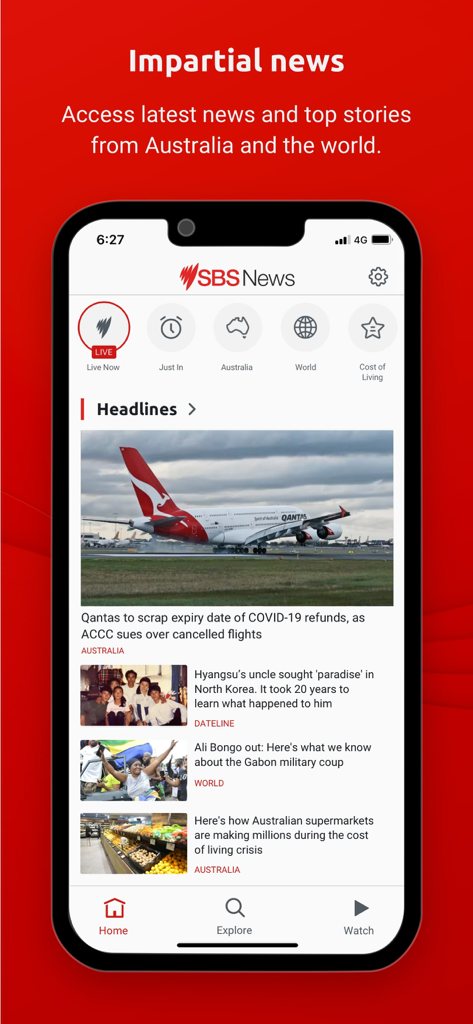 SBS News - SBS News app home screen displaying international and Australian news headlines on an iPhone.