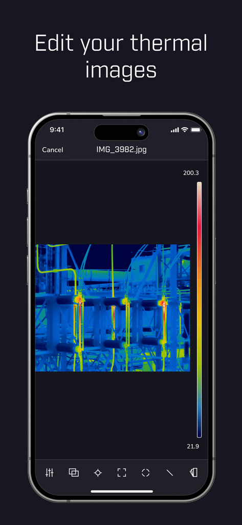 Smartphone screen showing the editing interface for a thermal scan of industrial equipment in the FLIR Tools app.