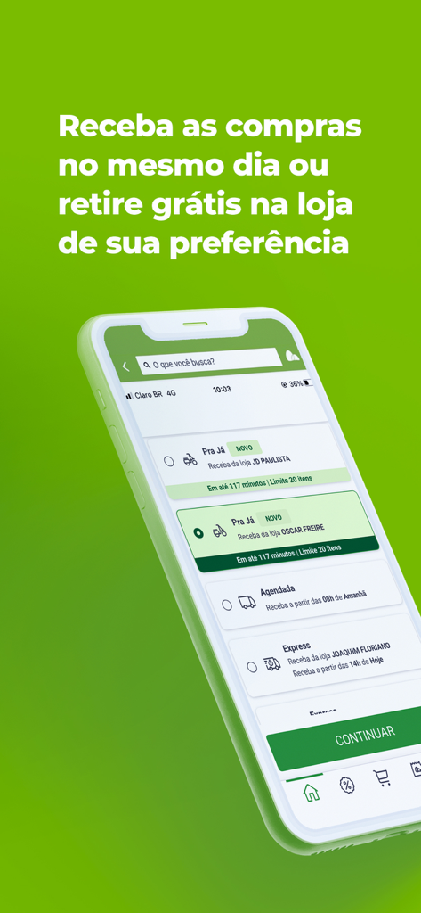 Pão de Açúcar Mais - Smartphone screen showing same-day delivery and pickup options for Pão de Açúcar supermarket app