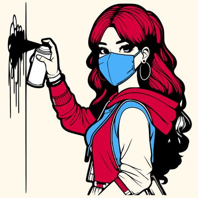 realistic girl with mask spray painting a wall