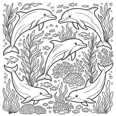 This captivating coloring page features a lively pod of dolphins swimming through a richly detailed underwater world. Surrounded by swaying seaweed, intricate coral, and schools of tiny fish, it promises hours of imaginative coloring fun.