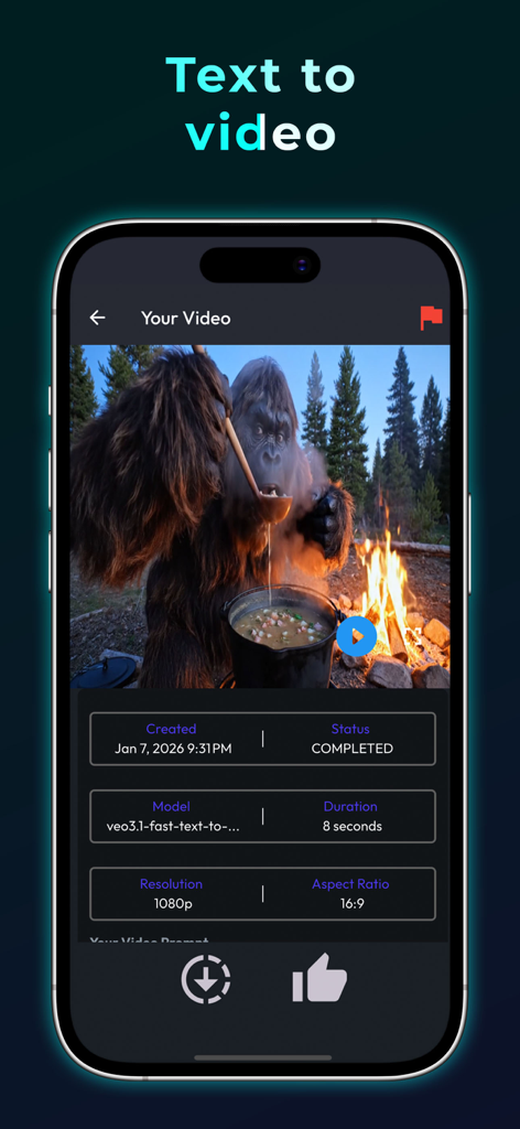 Aienvoy app interface showing an AI-generated video of a gorilla cooking over a campfire.