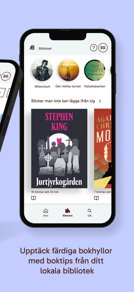 A smartphone screen showing the Biblio app library with curated book carousels and popular titles like Stephen King.