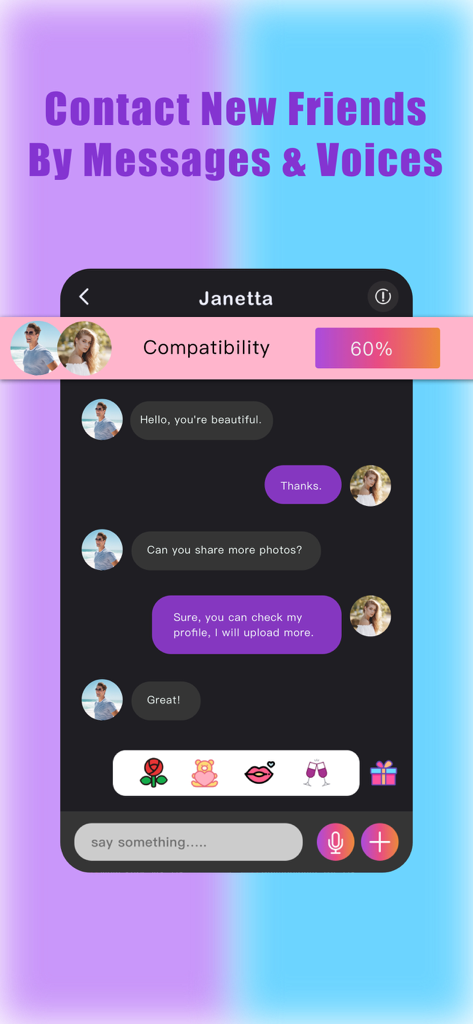Interface of the Feel dating app showing a chat conversation with compatibility score and virtual gift options