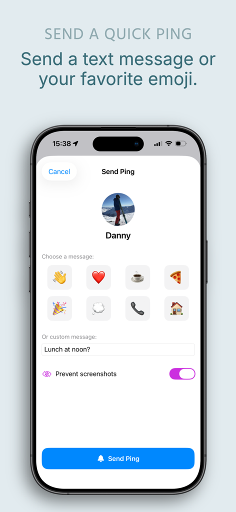 PingPair - Interfaz de la aplicación PingPair para enviar un mensaje rápido o un ping emoji a un contacto