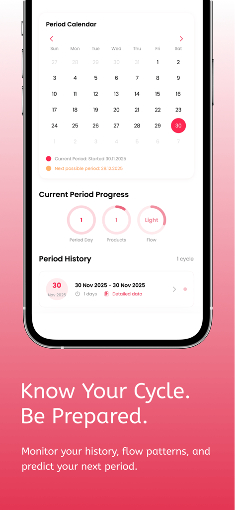 Tampon Timer - Period Tracker - Mobile app screen showing a period calendar, cycle progress indicators, and menstrual history logs.
