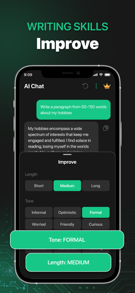 Chat AI Chatbot Assistant - Chat AI app screen showing writing improvement options for tone and length customization