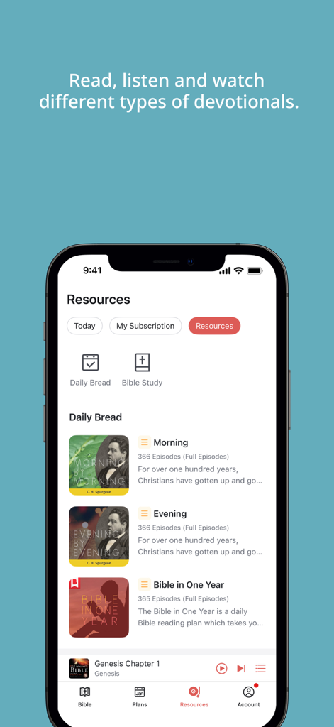 Interface of the WeDevote Bible app showing daily devotional resources like Morning by Morning and Bible in One Year