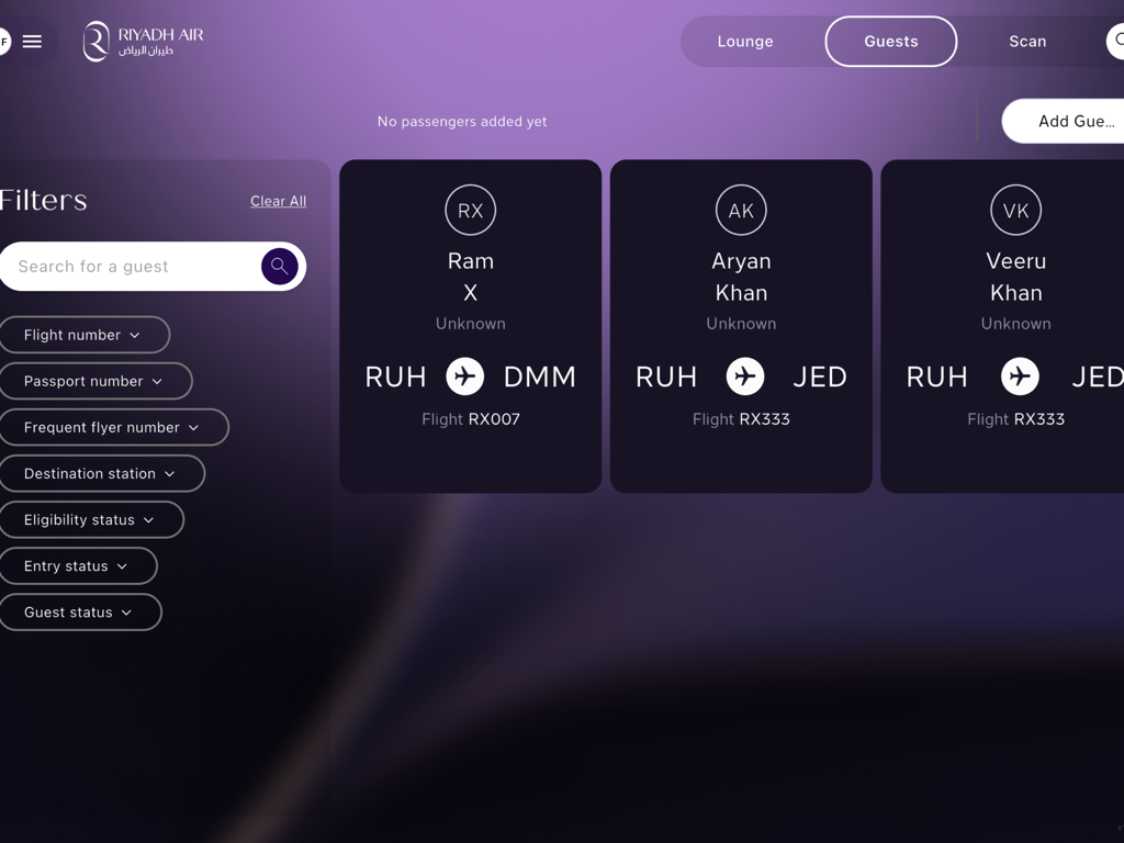 Ink Aura - Ink Aura iPad app guest list interface for airport VIP lounge management showing passenger cards and search filters