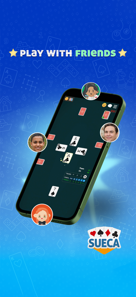 A mobile phone showing the Sueca card game interface with the text Play With Friends and player avatars