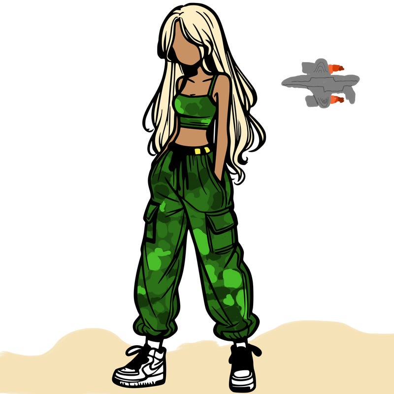 girl in baggy pants crop top and long hair