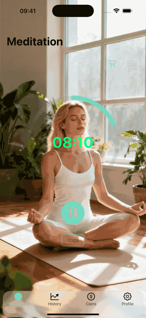 Tigho - Tigho app meditation timer screen featuring a woman practicing yoga in a sunlit room with a digital countdown and progress ring