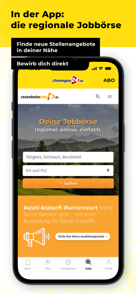 chiemgau24.de - Interface of the chiemgau24 news app showing a regional job market search for Upper Bavaria