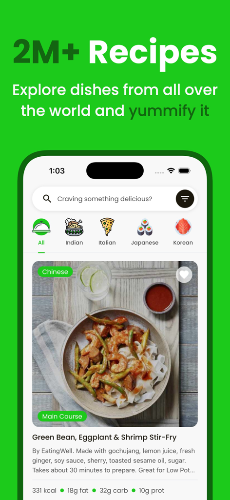 Yummify: AI Meal Plan, Recipes - Yummify app interface showing a Chinese shrimp stir-fry recipe with nutritional data and global cuisine categories like Indian and Italian