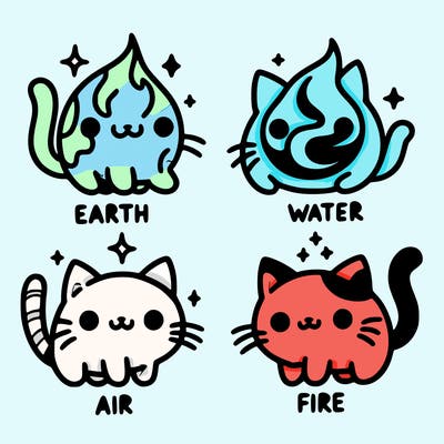 4 cats that represent the different elements, earth, water, air, and fire