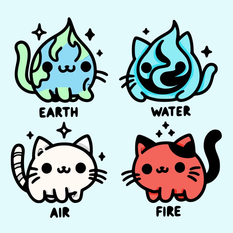 4 cats that represent the different elements, earth, water, air, and fire