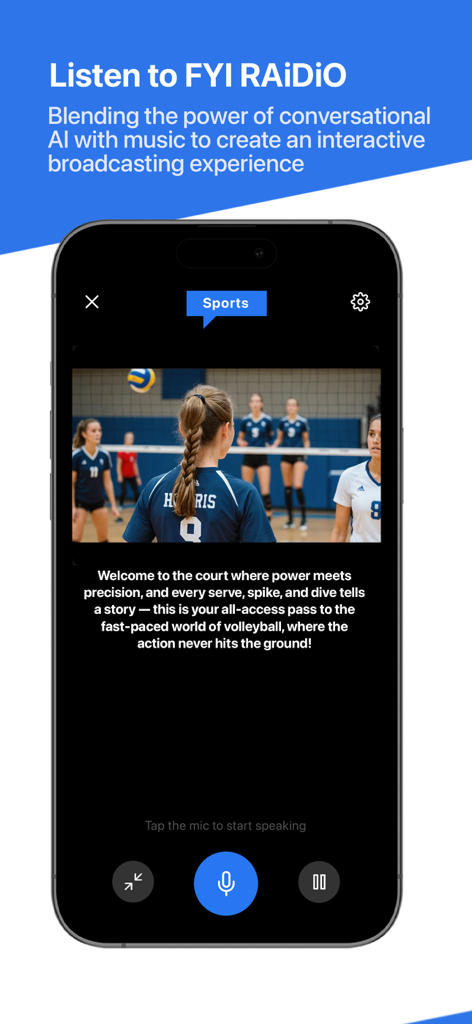 FYI.AI (Focus Your Ideas) - FYI AI app screenshot of the RAiDiO feature displaying an interactive sports broadcast