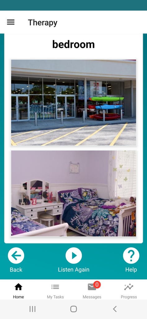 Aphasia therapy app screen showing a word identification exercise for a bedroom using pictures