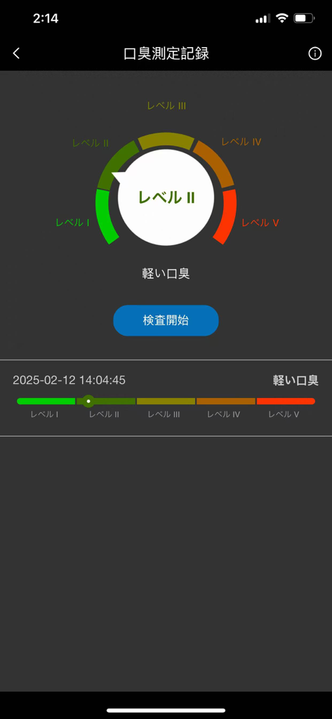 Alcohol Sensor app measurement screen showing a level two result on a color coded gauge