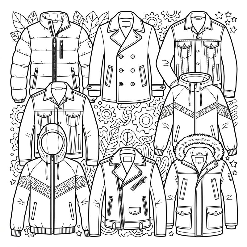 Dive into the world of men's fashion with this exciting coloring page featuring a variety of jackets and coats. From rugged denim to sophisticated peacoats, explore different styles perfect for every season and occasion.