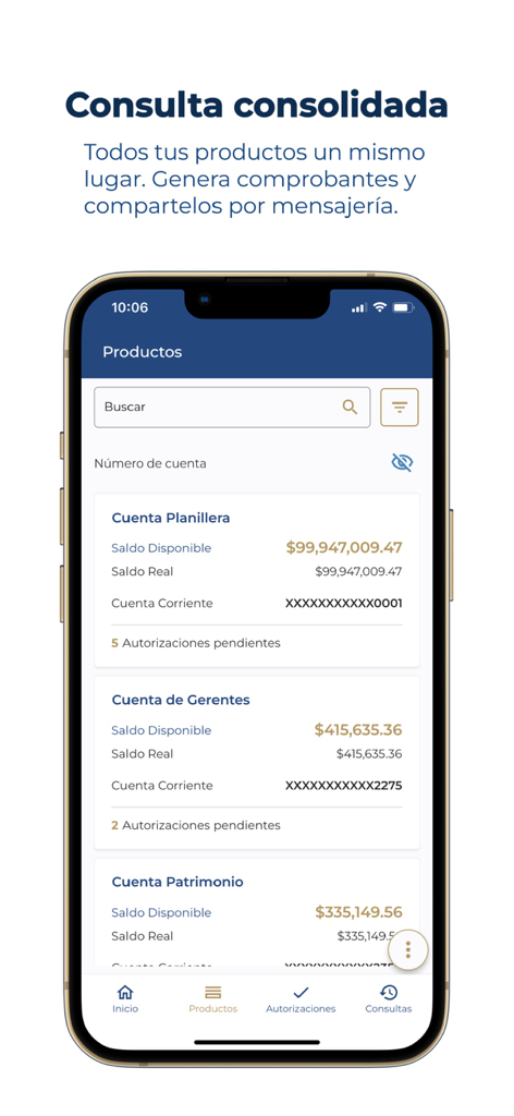 Mobile app screen showing a consolidated view of business accounts including payroll and management account balances.