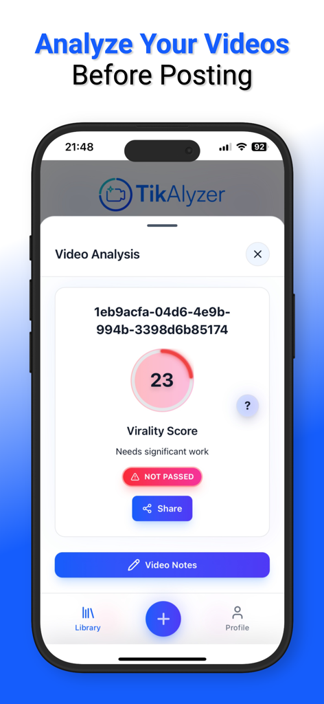 TikAlyzer: Go Viral Faster - TikAlyzer app screen displaying a low virality score and video performance analysis results.