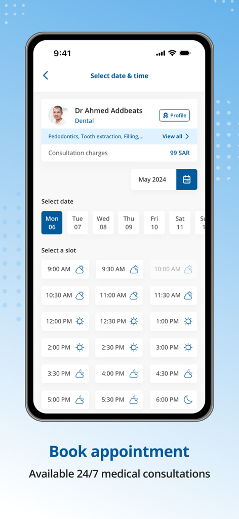 Nahdicare Clinics app screen for booking an appointment with a doctor and selecting a time slot