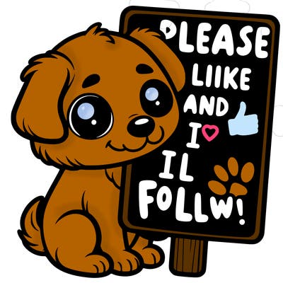 a cute puppy holding a sign that says please like and i will follow