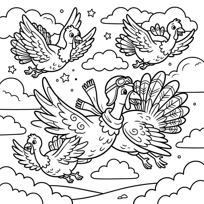 Get ready for an adventure in the sky with this delightful coloring page featuring a flock of happy flying turkeys. Designed especially for kids, it offers a wonderful opportunity to bring these feathery friends to life with vibrant colors.