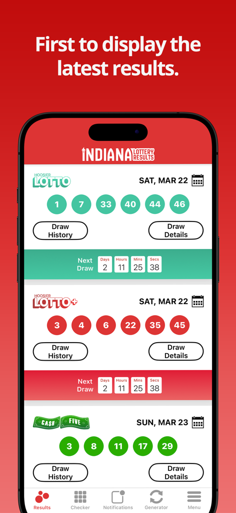 Indiana Lottery Numbers - Indiana Lottery Results app displaying the latest winning numbers for Hoosier Lotto and Cash 5