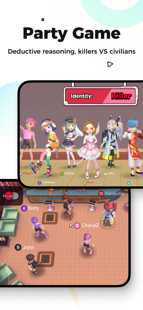 WePlay app screenshot showing 3D avatars in a party game and social room