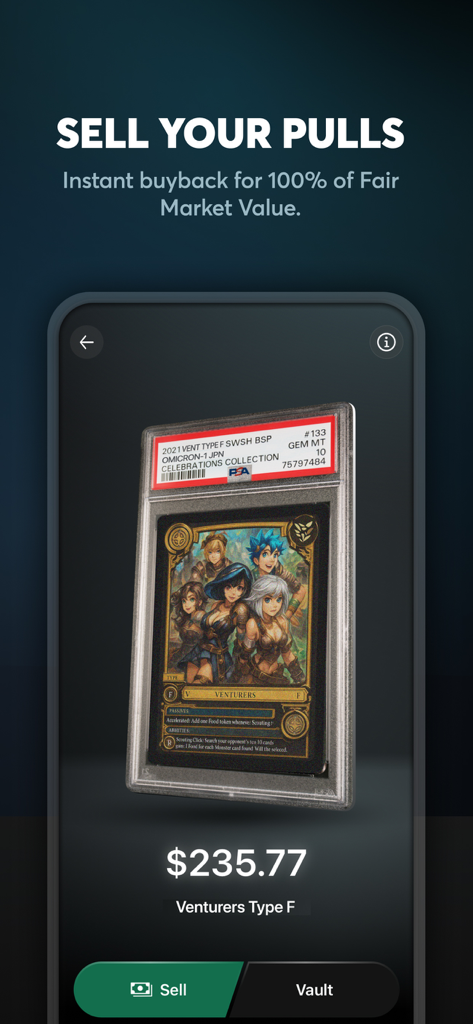 A mobile app screen showing a PSA 10 graded trading card with an instant buyback offer of 235.77 dollars.