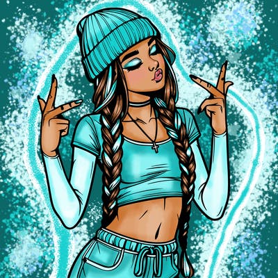 realistic teenage girl with braids and a beanie and crop top doing 🫶🏼