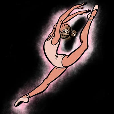 gymnast doing a leap in a leotard with a bent back leg