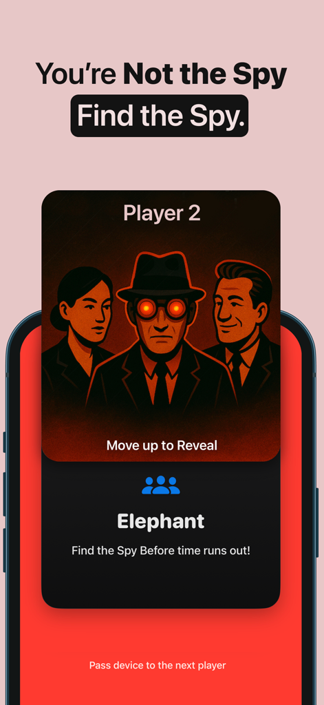 Imposter Spy Party Game - Gameplay screenshot showing the role Not the Spy and the secret word Elephant