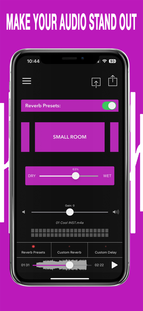 AudioVerb app interface showing the Small Room reverb preset with a Dry Wet slider set to sixty three percent.