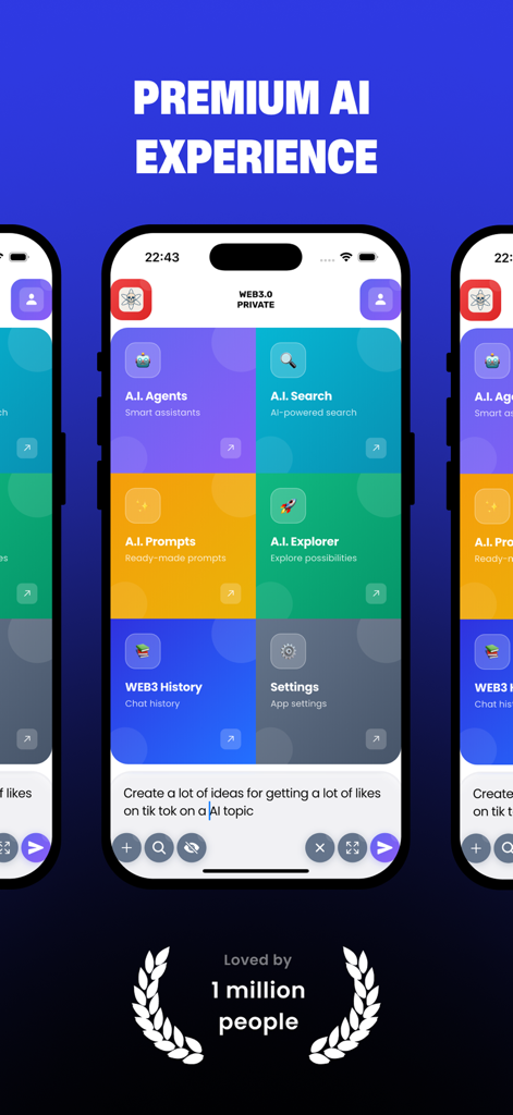 Interface de l'application Premium AI Chat montrant des fonctionnalités telles que les agents IA, les prompts de recherche et la confidentialité Web3