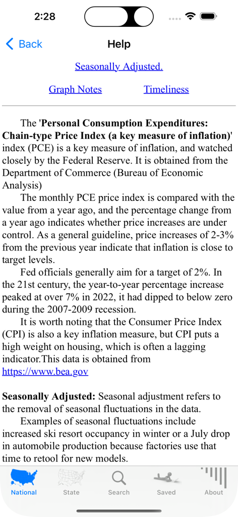 Schermata di aiuto nell'app Economia che spiega l'indice dei prezzi delle Spese per Consumi Personali (PCE) come misura dell'inflazione.