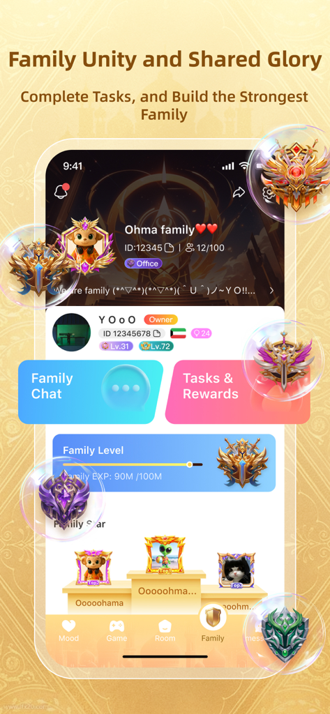 Ohma: Games and Party - Uma interface de perfil familiar social no aplicativo Ohma mostrando níveis de comunidade e tarefas.