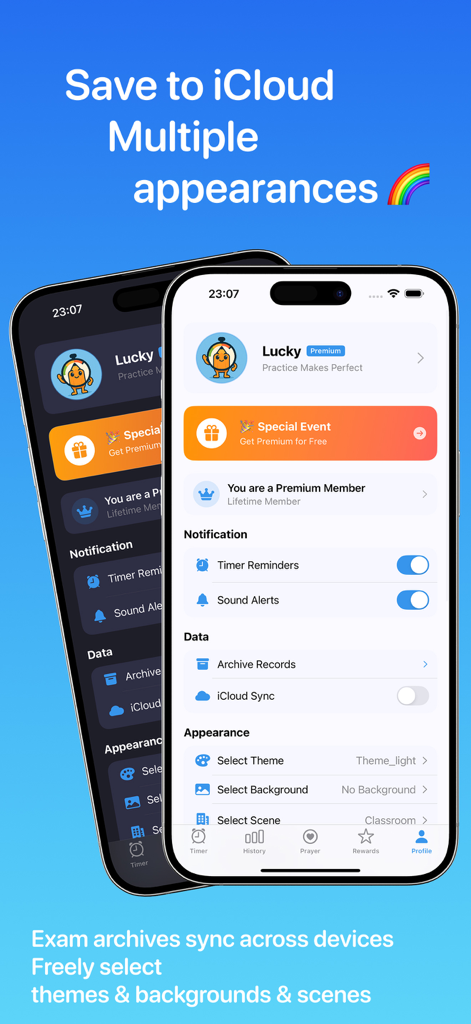 Mock Timer Pro - Future Now - 모의고사 타이머 프로 설정 화면, iCloud 동기화 옵션 및 밝은 모드와 어두운 모드 모두에서 테마 사용자 정의 표시