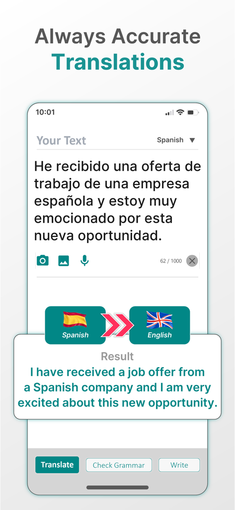 AI Grammar Check Spell by Fixy - Fixyアプリのインターフェースに、求人通知の正確なスペイン語から英語への翻訳が表示されている様子。