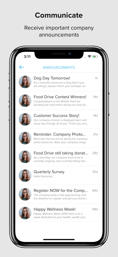 Achievers - Achievers mobile app interface showing a list of internal company announcements